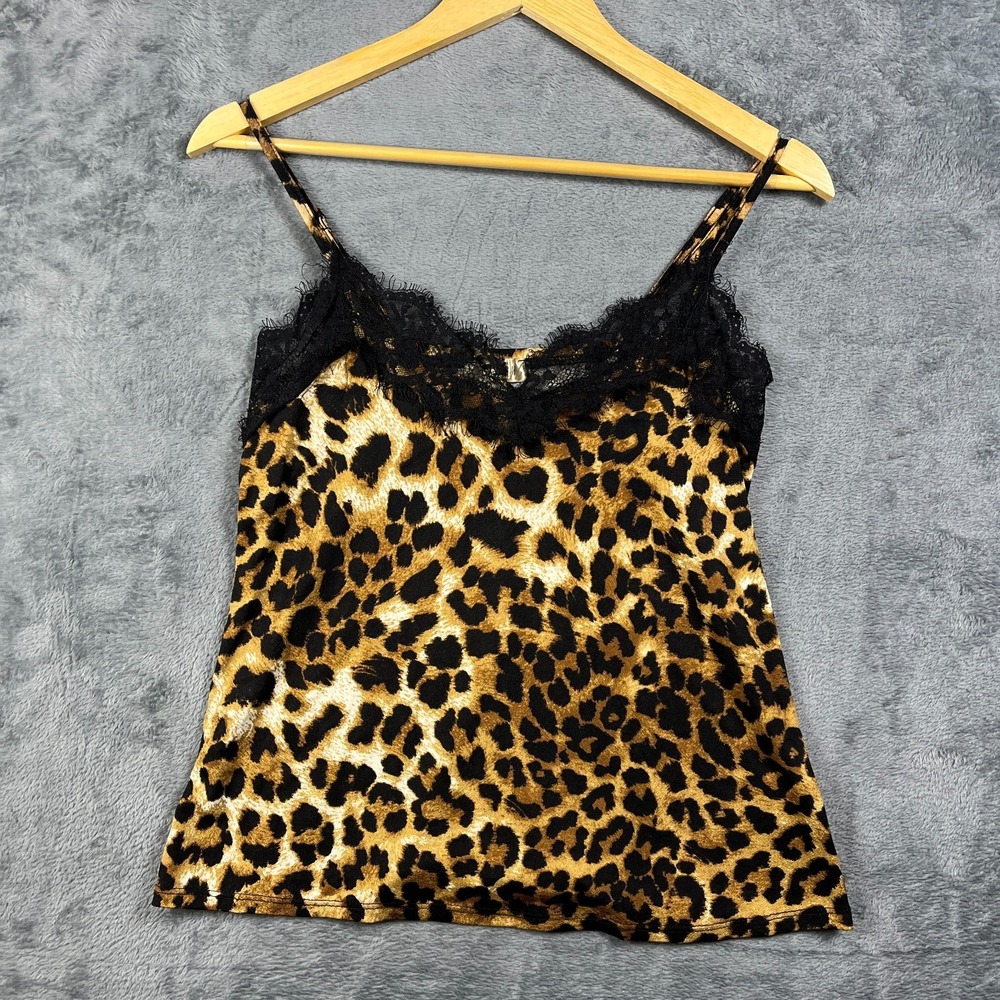 Lavish Camisole Top Womens Small Brown Black V Neck Leopard Print Lace Trim